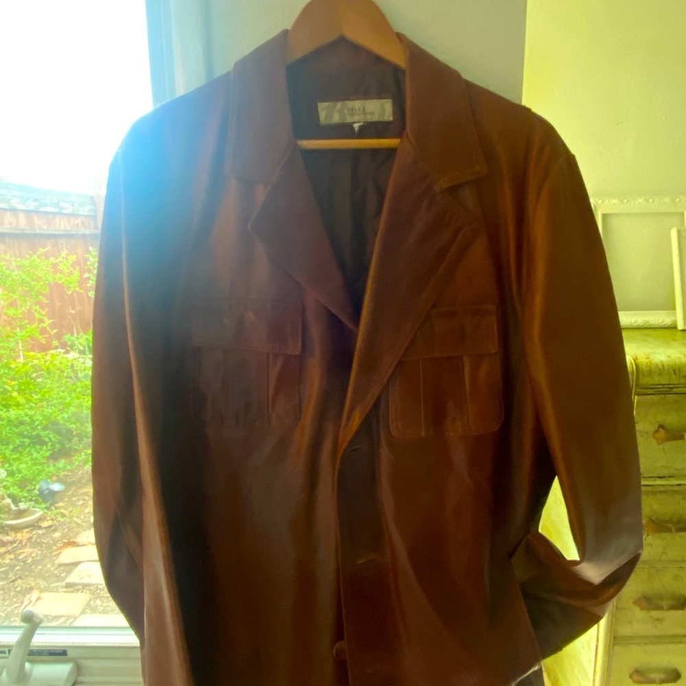 Mens genuine leather 3/4 length Jacket Car coat Size Small in Cognac/chestnut